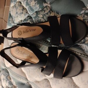 BELLA VITA Womens Navy Knit Jodi Almond Toe Stacked Heel Slingback Sandal 10 W